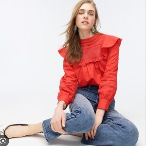 J. Crew Red Lace-Yoke Ruffle Blouse